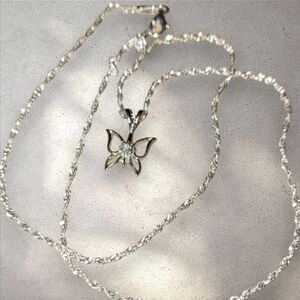 Signed vtg sterling butterfly crystal pendant  new dainty 925 chain